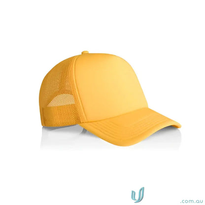 Bright yellow trucker cap with recycled polyester mesh back and curved brim