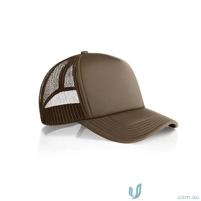 Brown trucker cap with curved peak and recycled polyester mesh back for a cool look