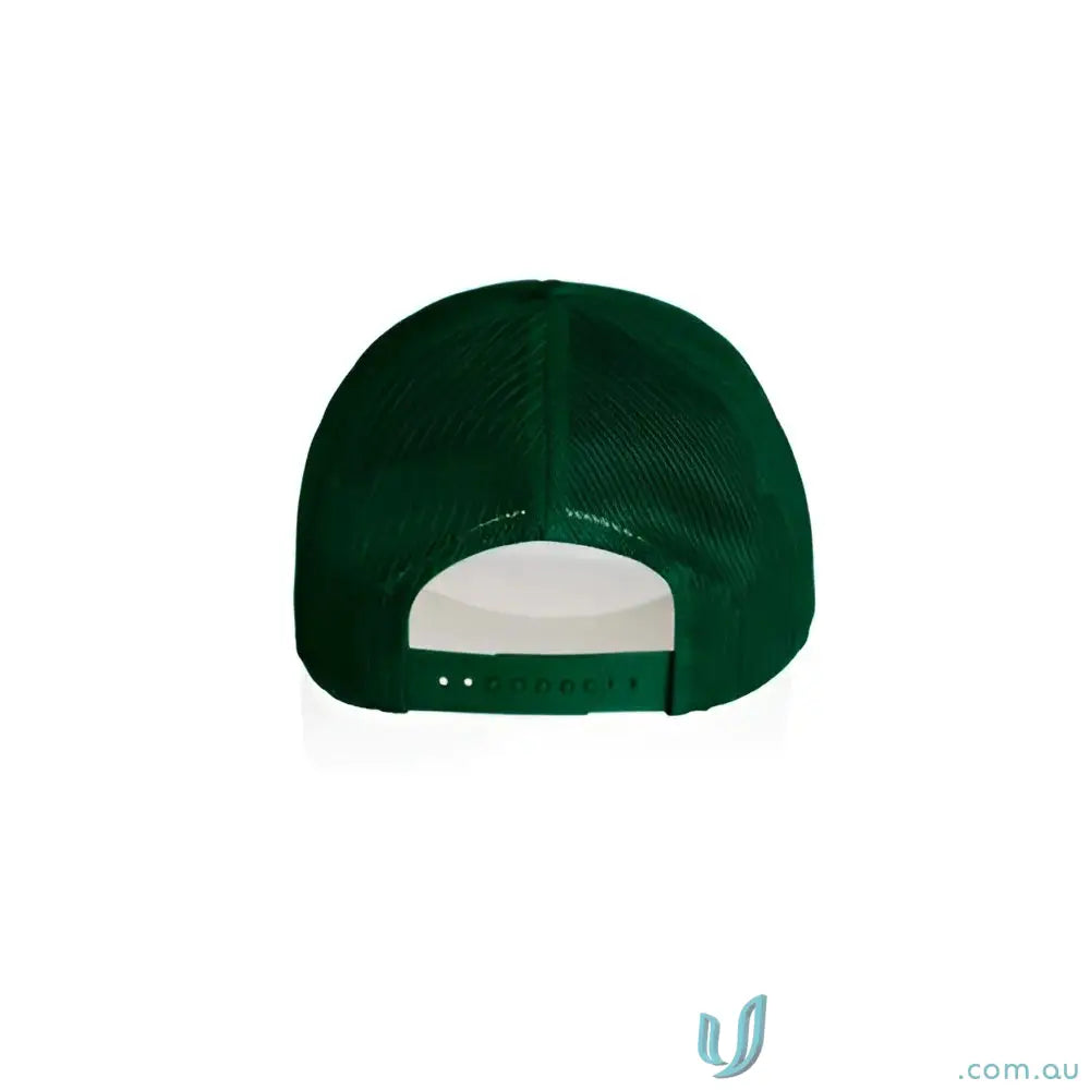 Dark green premium foam trucker cap with curved peak and recycled polyester mesh back