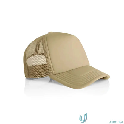 Tan trucker hat with curved peak and recycled polyester mesh back for style and comfort