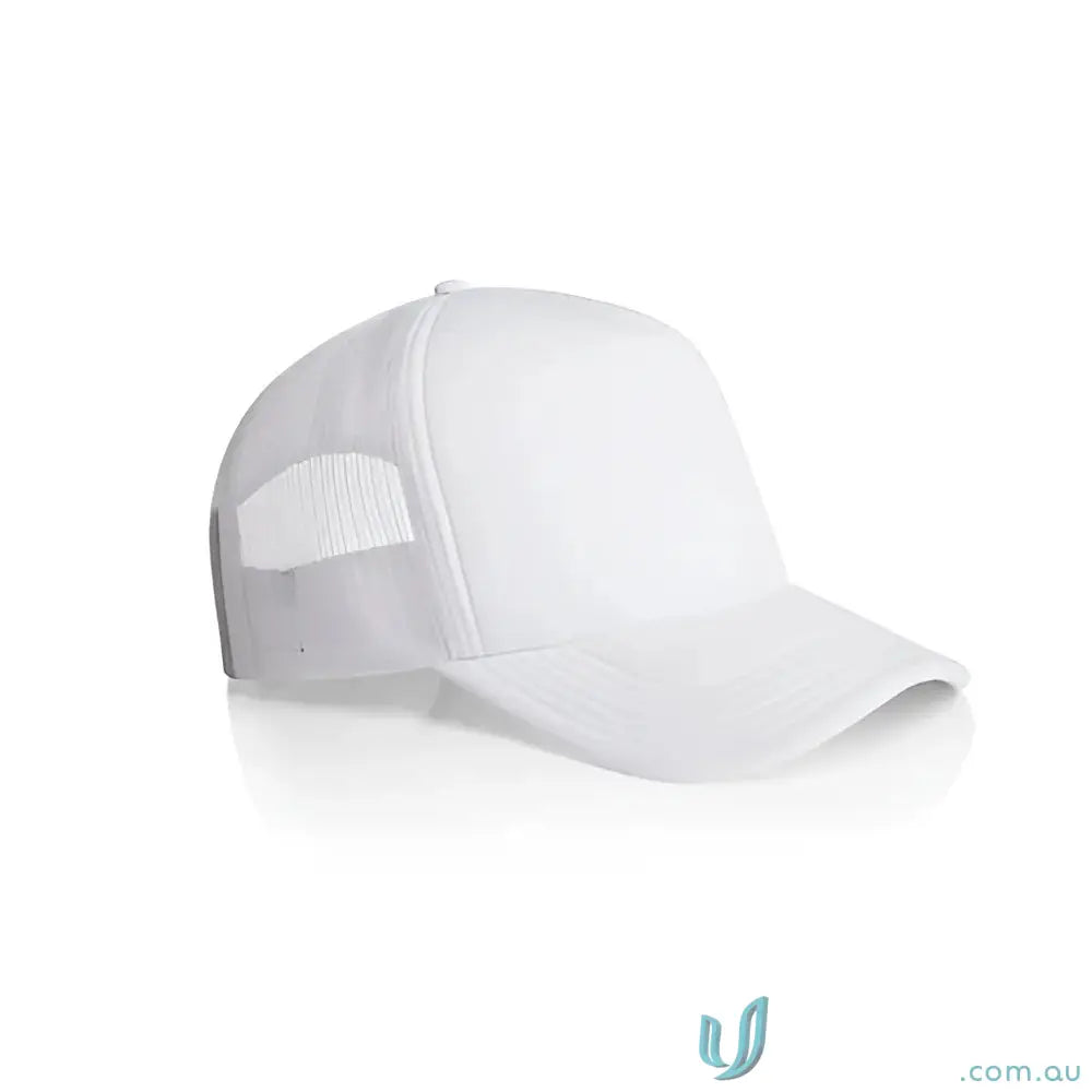 Plain white trucker hat with curved peak and recycled polyester mesh back