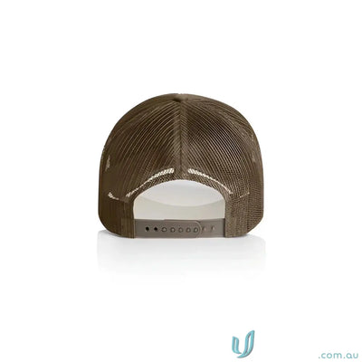 Dark brown premium foam trucker cap with curved peak and recycled polyester mesh back