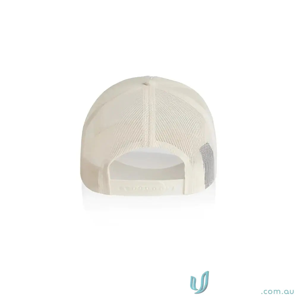 Back view of off-white Premium Foam Trucker Cap with recycled polyester mesh back