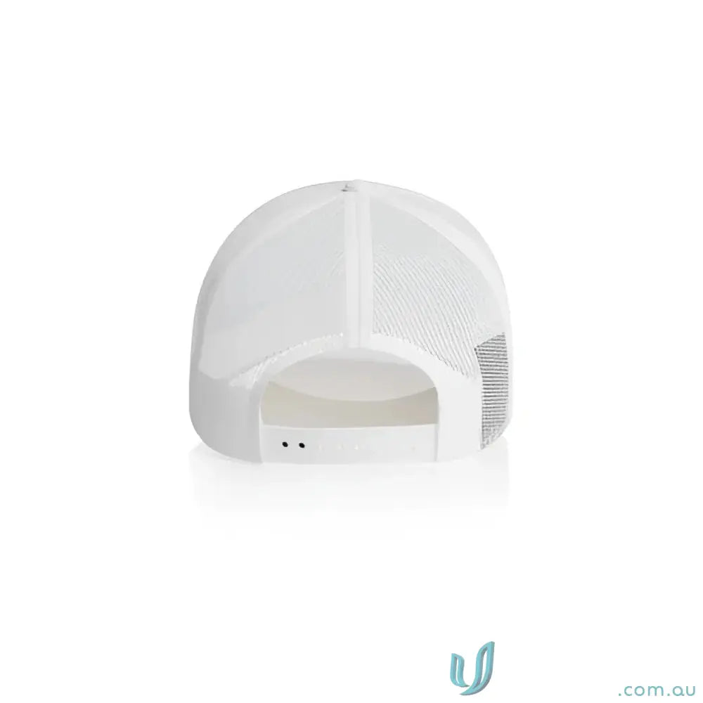 White mesh baseball cap with adjustable snapback made from recycled polyester mesh