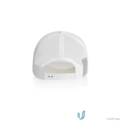 White mesh baseball cap with adjustable snapback made from recycled polyester mesh