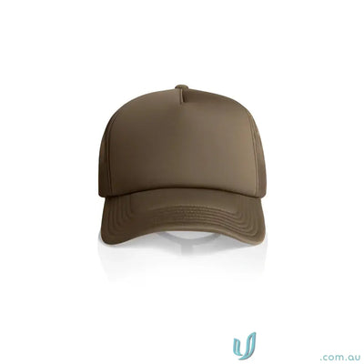 Solid brown trucker hat with curved peak and recycled polyester mesh back