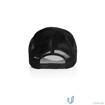 Black mesh trucker hat with adjustable snapback, made from recycled polyester mesh