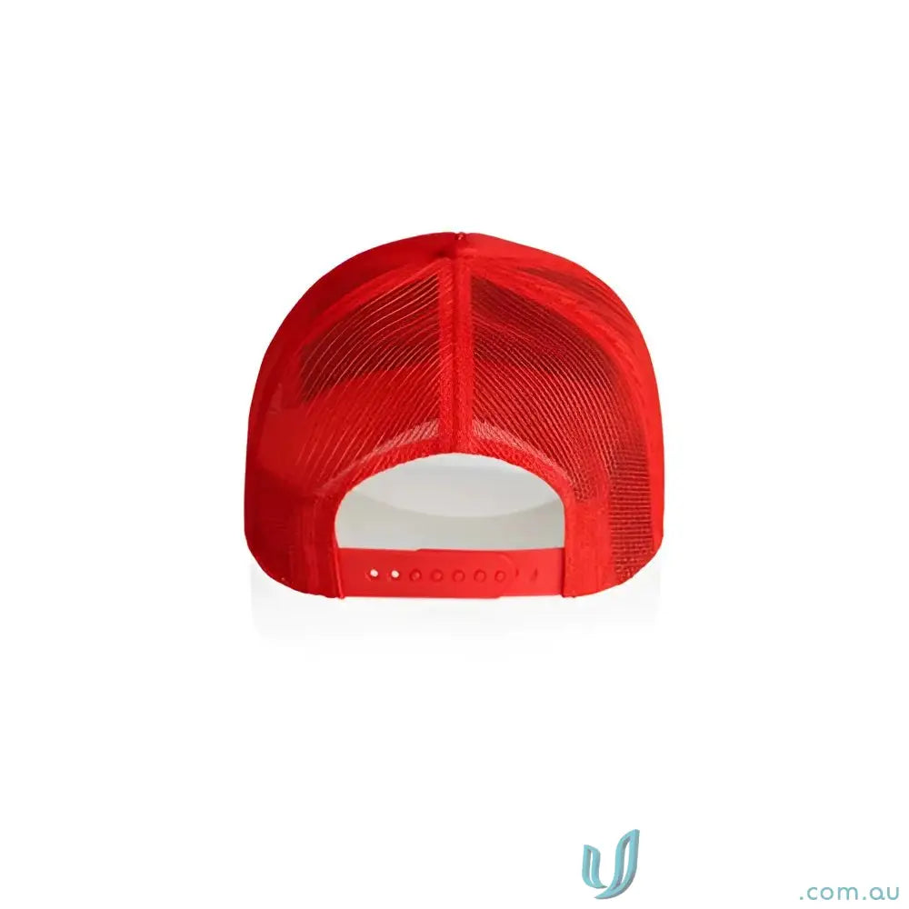 Red trucker hat with recycled polyester mesh back and adjustable snap closure