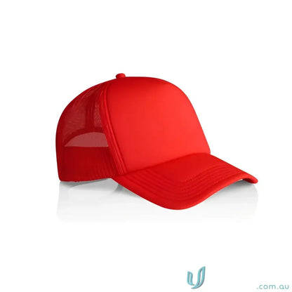 Red mesh-back trucker hat with curved brim made of recycled polyester mesh