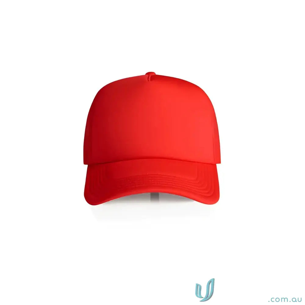 Solid red trucker hat with curved peak made of recycled polyester mesh for breathable comfort