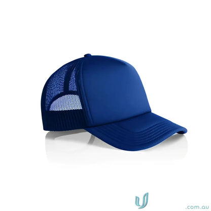 Royal blue trucker hat with recycled polyester mesh back and curved peak