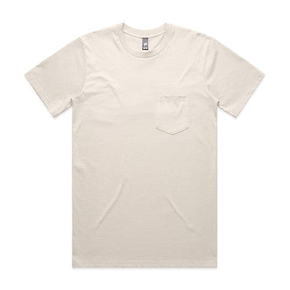 Cream pocket tee shirt with crew neck and short sleeves.