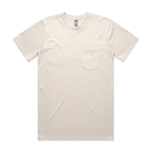 Cream pocket tee shirt with crew neck and short sleeves.