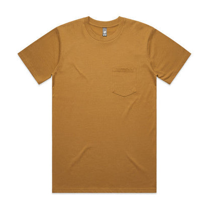 Mustard yellow t-shirt with pocket and crew neck, likely made of cotton.