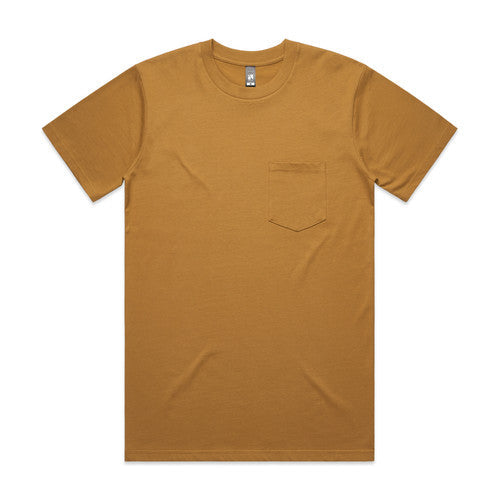 Mustard yellow t-shirt with pocket and crew neck, likely made of cotton.