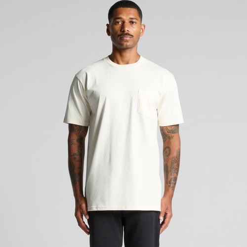 Cream pocket tee shirt with crew neck and short sleeves.