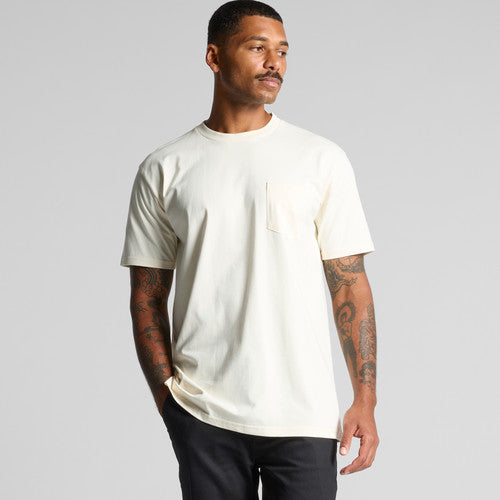 Cream-colored crew neck t-shirt with pocket detail and ribbed cuffs, likely made of cotton or polyester blend.