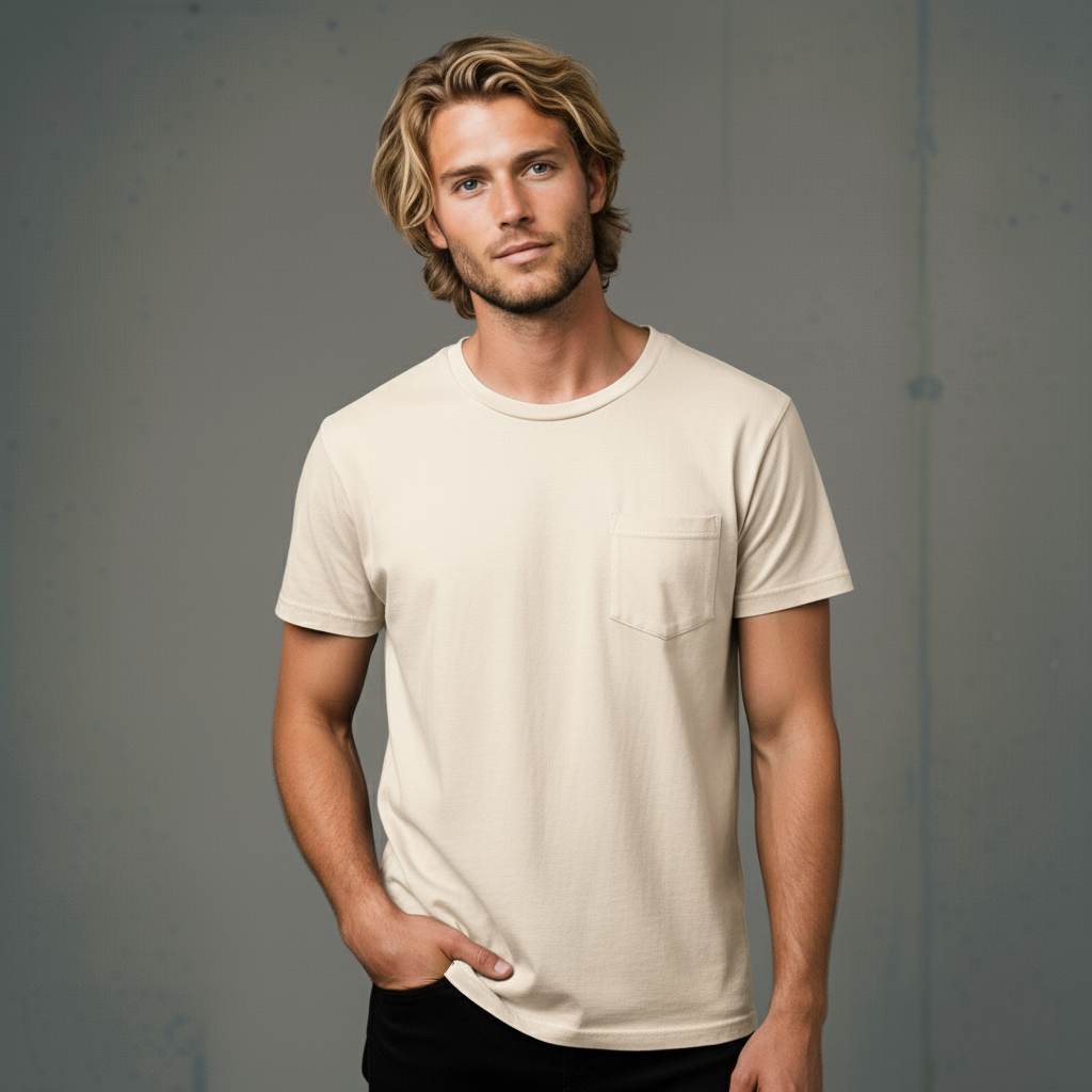Cream pocket t-shirt with a crew neck and short sleeves, made of cotton.