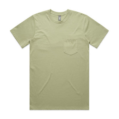 Olive green pocket t-shirt with a crew neck and short sleeves.