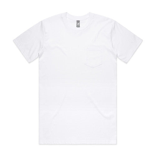 White v-neck t-shirt with pocket and logo on back