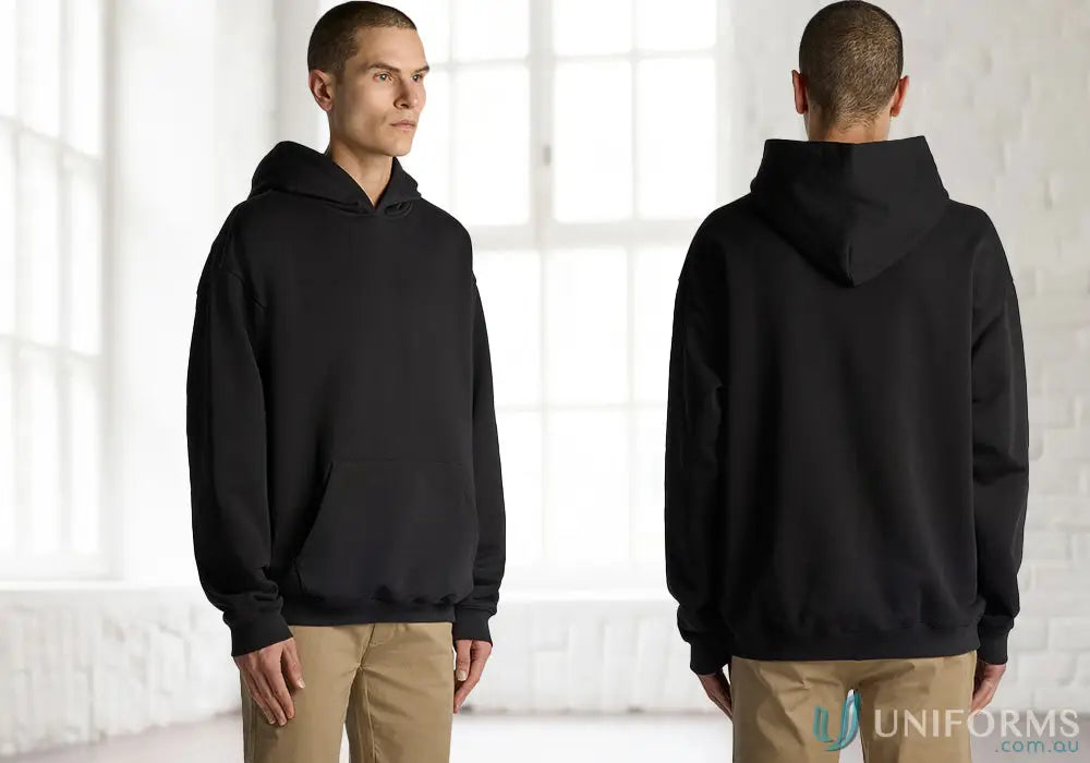 Black hooded sweatshirt made from premium heavyweight French Terry fabric for cozy warmth