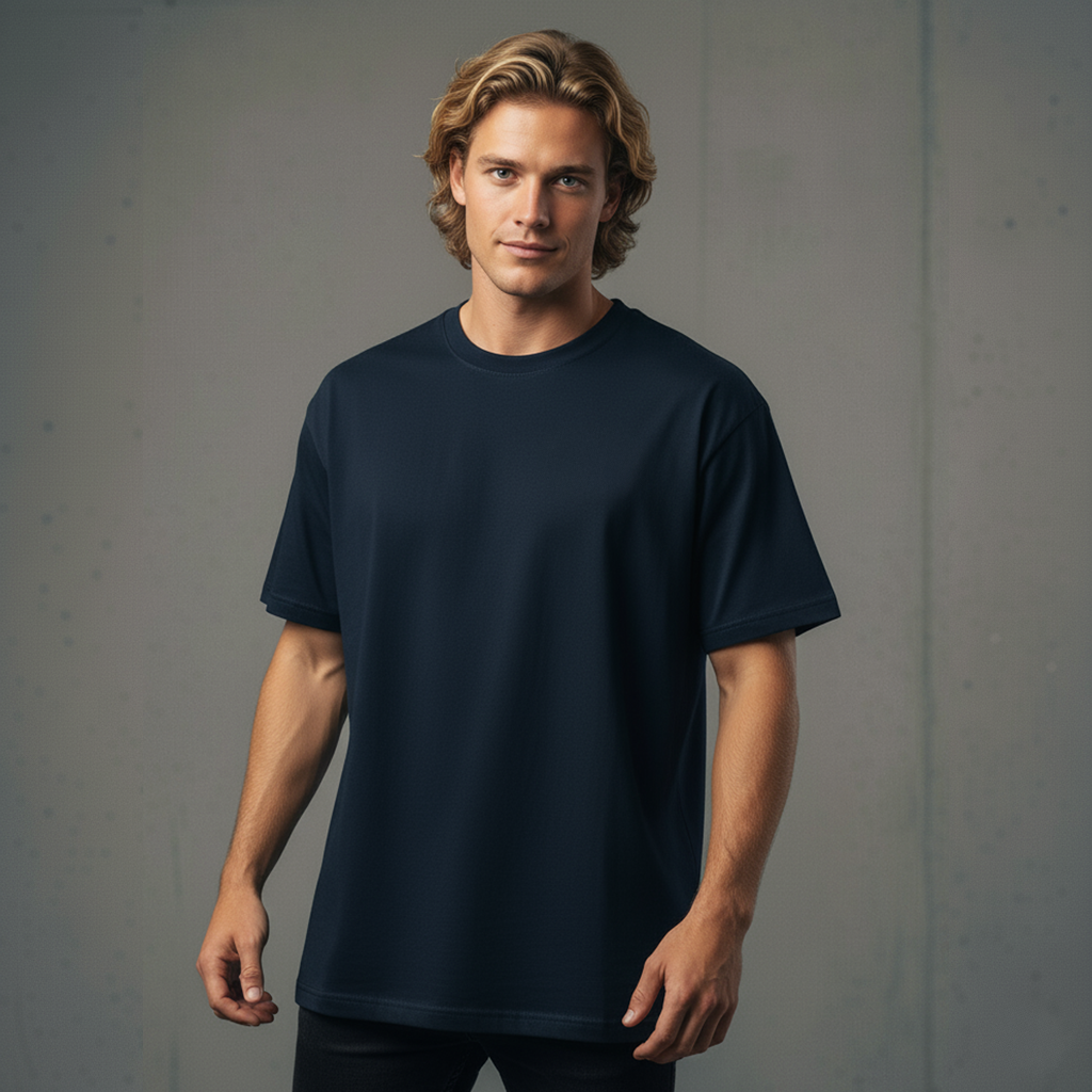 Navy blue crew neck t-shirt with short sleeves and ribbed cuffs, made of cotton.