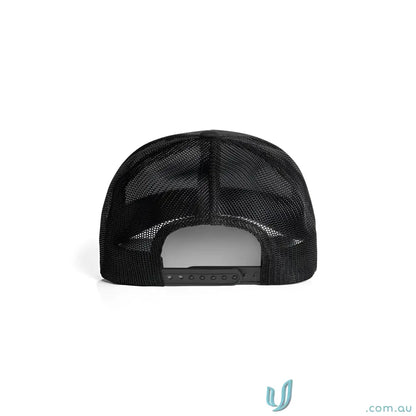 Black mesh trucker hat with adjustable snapback, high profile, recycled polyester material