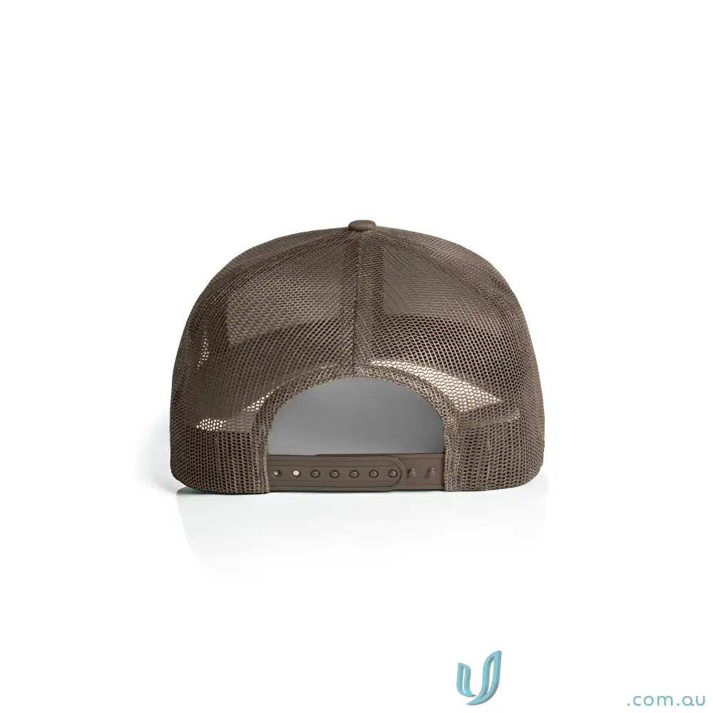 Brown recycled polyester high profile mesh trucker cap with adjustable snapback and shallow curved peak