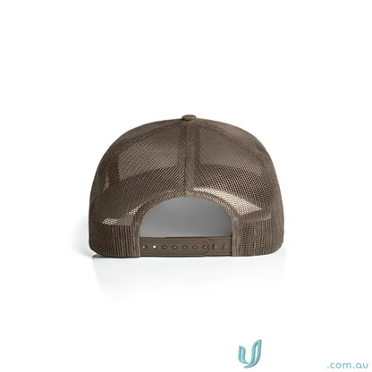 Brown recycled polyester high profile mesh trucker cap with adjustable snapback and shallow curved peak