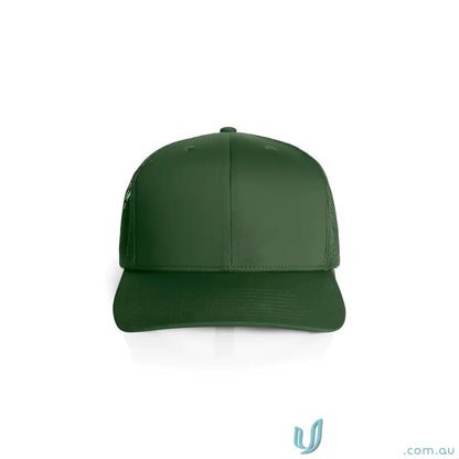 Dark green high-profile mesh trucker cap with shallow curved peak and recycled polyester