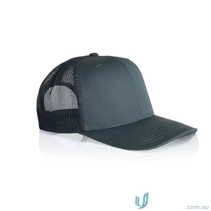 Dark gray high profile mesh trucker cap with shallow curved peak and recycled polyester
