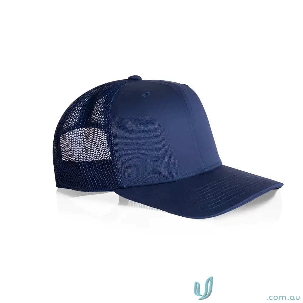 Dark blue high profile mesh trucker cap with recycled polyester and shallow curved peak