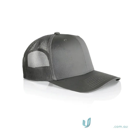 Gray high profile mesh trucker cap with recycled polyester and shallow curved peak
