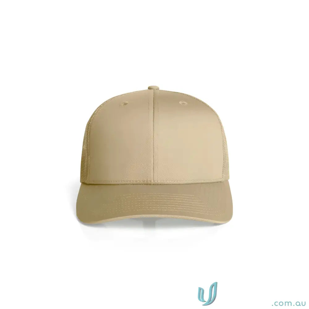 Light-brown recycled polyester high-profile mesh trucker cap with shallow curved peak