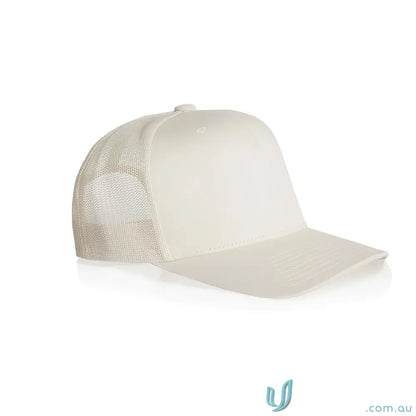 Light-colored high profile mesh trucker cap with shallow curved peak and recycled polyester