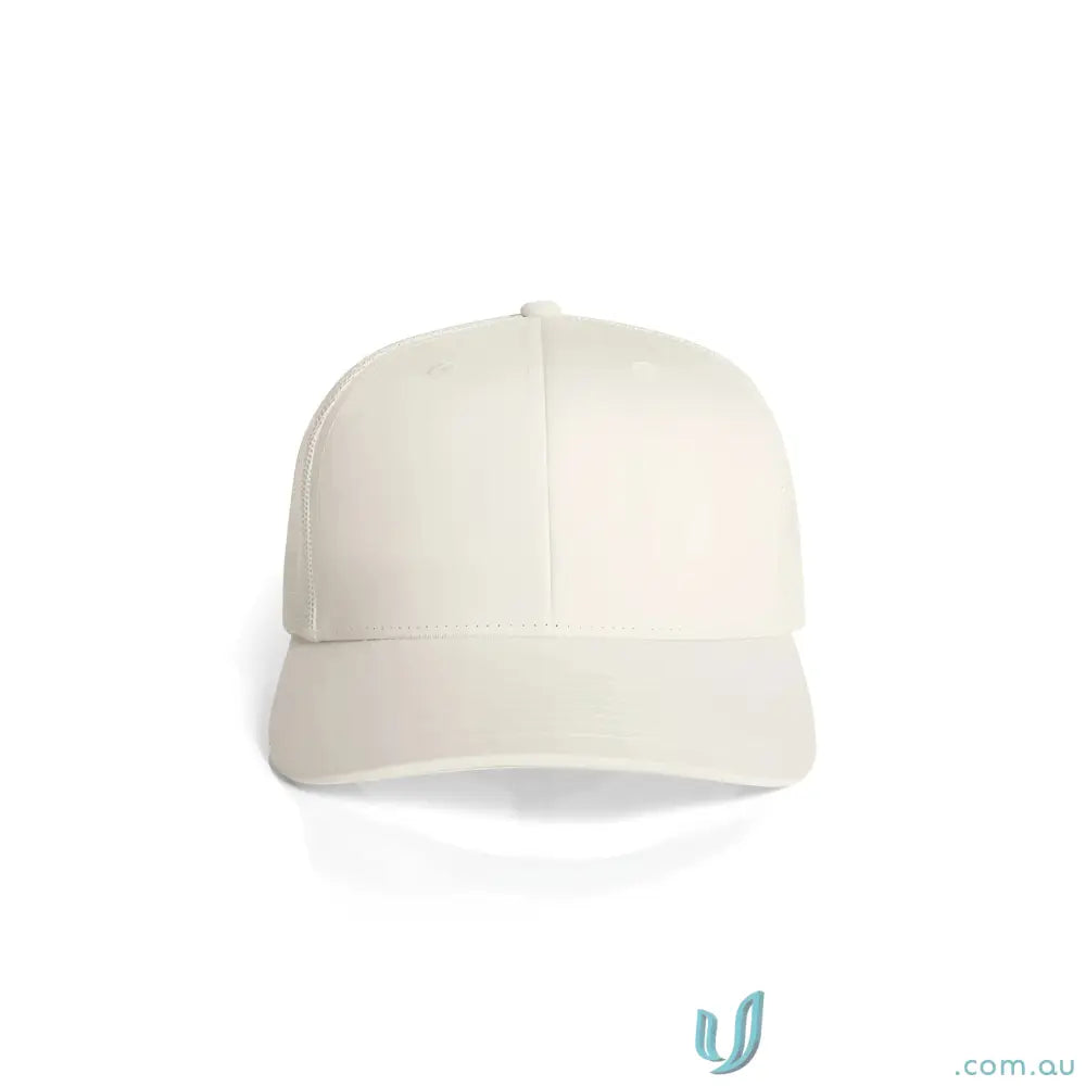 Plain off-white high profile baseball cap with shallow curved peak and recycled polyester