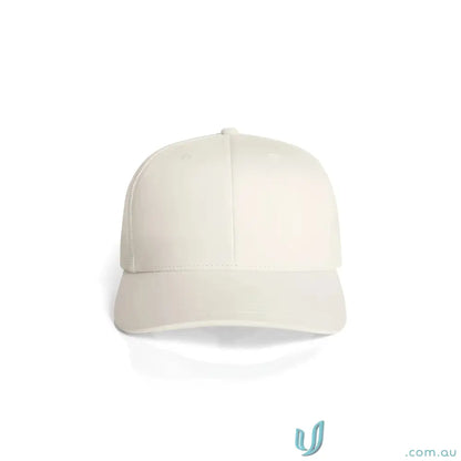 Plain off-white high profile baseball cap with shallow curved peak and recycled polyester