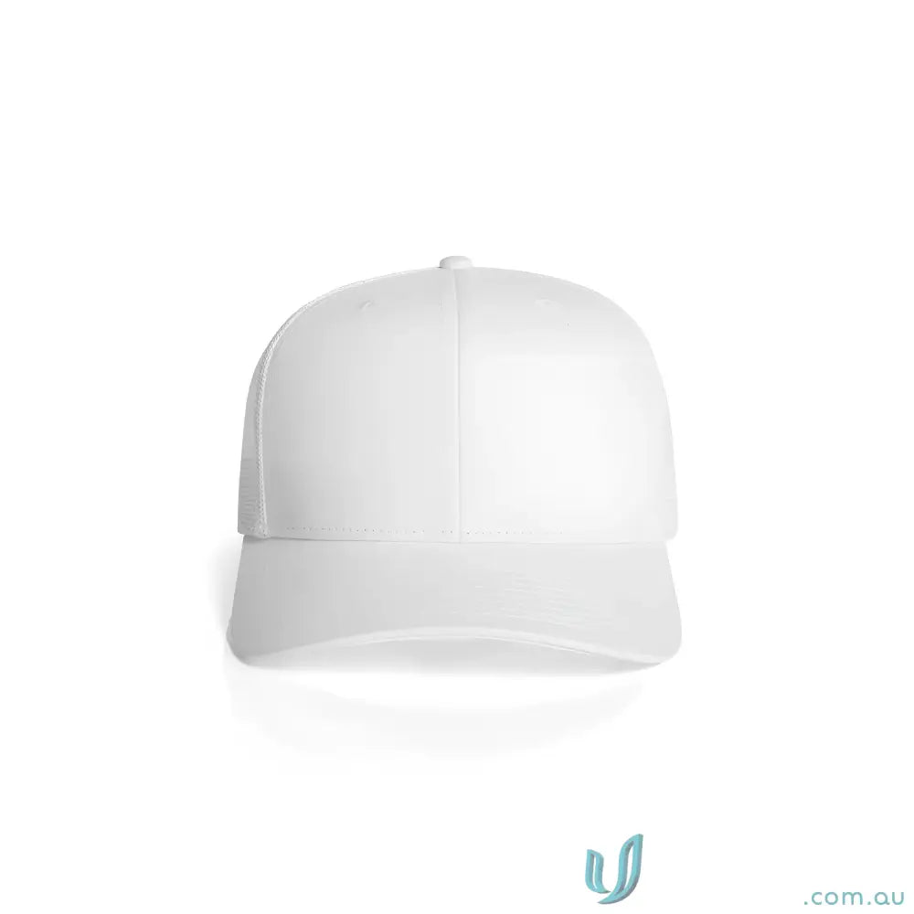 Plain white recycled polyester high profile trucker cap with shallow curved peak