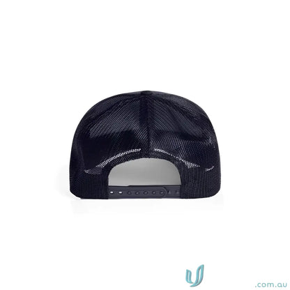 Rear view of dark blue recycled polyester high profile mesh trucker cap with shallow curved peak and snapback closure