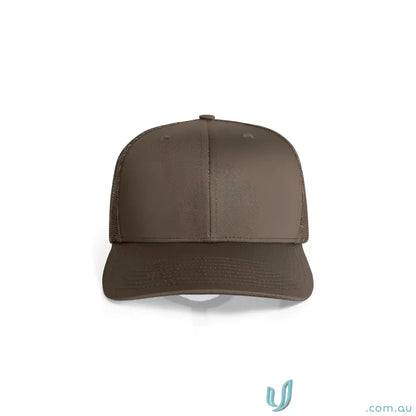 Solid brown high profile mesh trucker cap with shallow curved peak and adjustable snapback