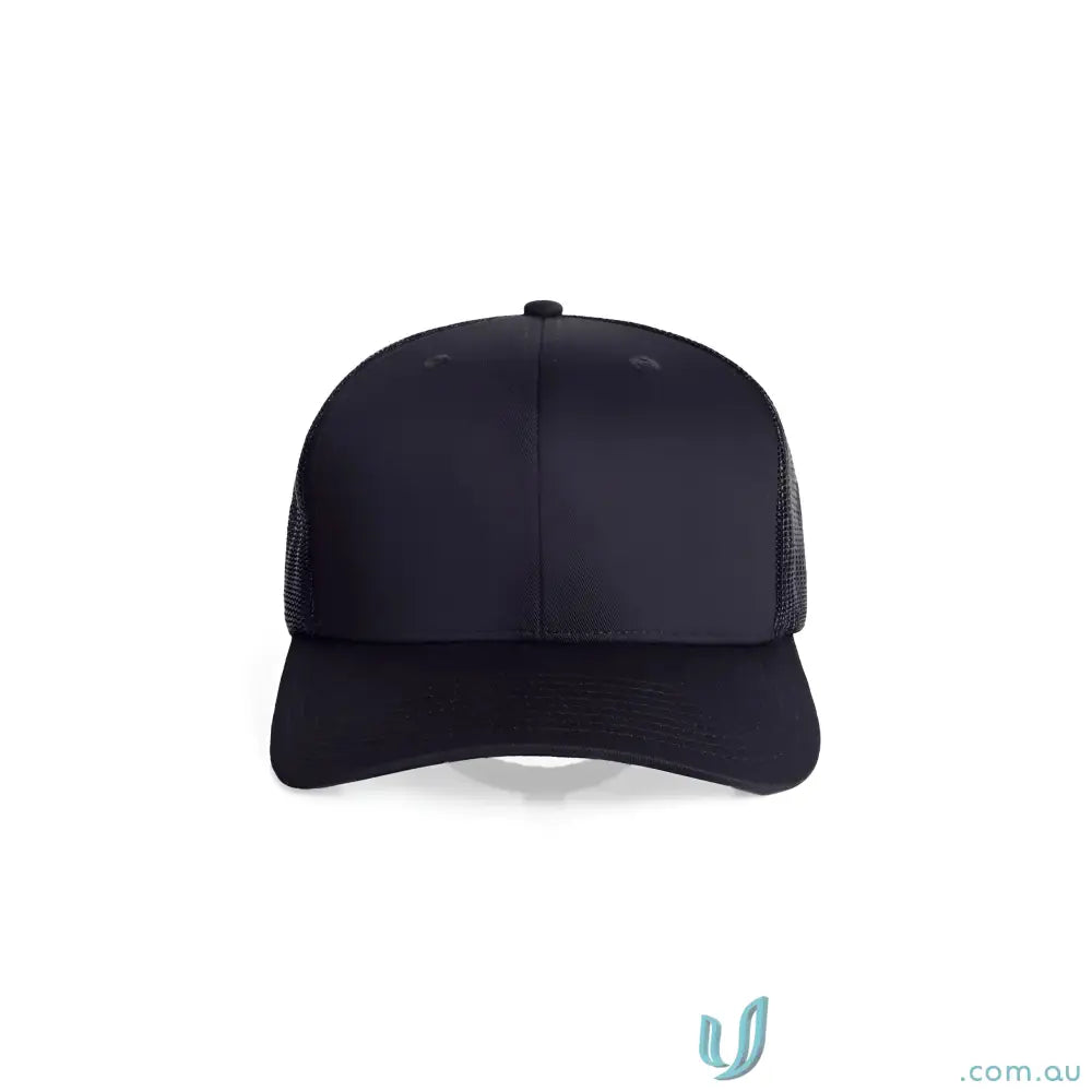 Black high profile mesh trucker cap with shallow curved peak and recycled polyester