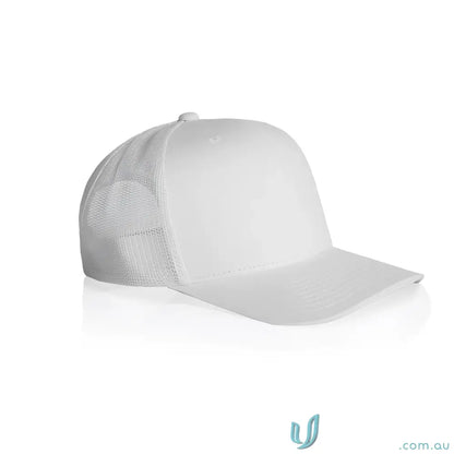 White mesh-back baseball cap with high profile and shallow curved peak, made from recycled polyester