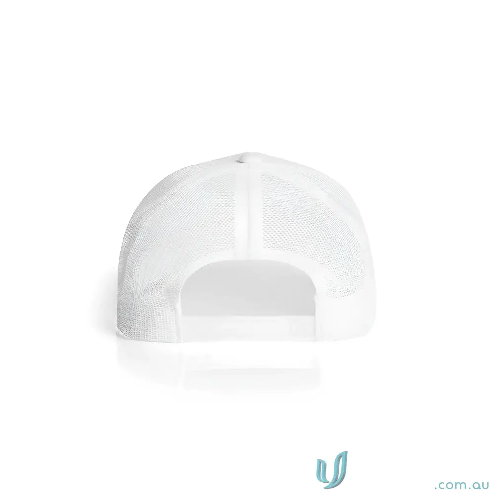 White high profile mesh trucker cap with shallow curved peak and adjustable snapback