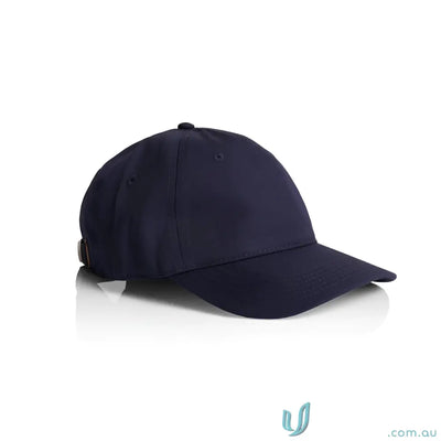 Dark blue cotton cap with adjustable metal clasp and low-profile six-panel design