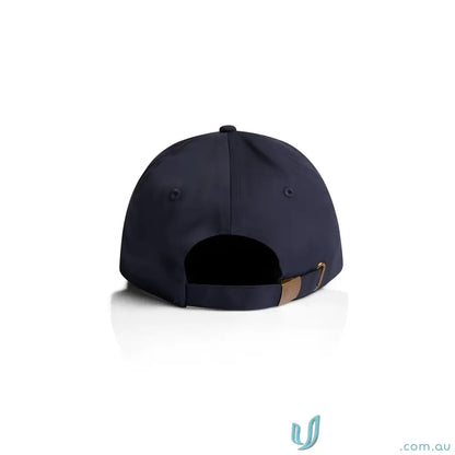 Navy blue cotton cap with adjustable metal clasp and brown strap for a perfect fit