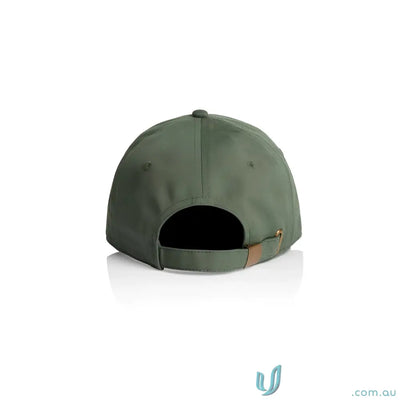 Olive green baseball cap with adjustable metal clasp and brown strap for a comfy fit