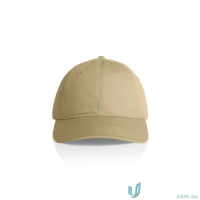 Light brown baseball cap with curved brim and adjustable metal clasp for a perfect fit