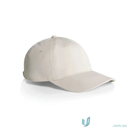 Light beige baseball cap with subtle sheen and adjustable metal clasp for a comfy fit