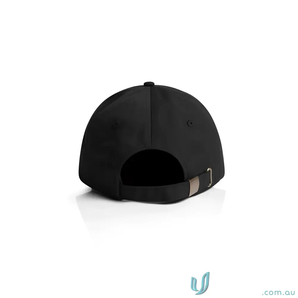 Black baseball cap with adjustable metal clasp and low-profile six-panel design