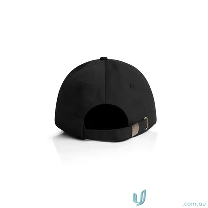 Black baseball cap with adjustable metal clasp and low-profile six-panel design